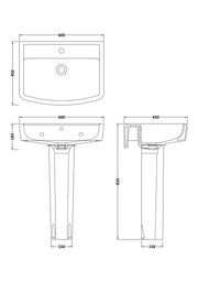 Nuie Bliss 600mm basin and pedestal line drawing with dimensions