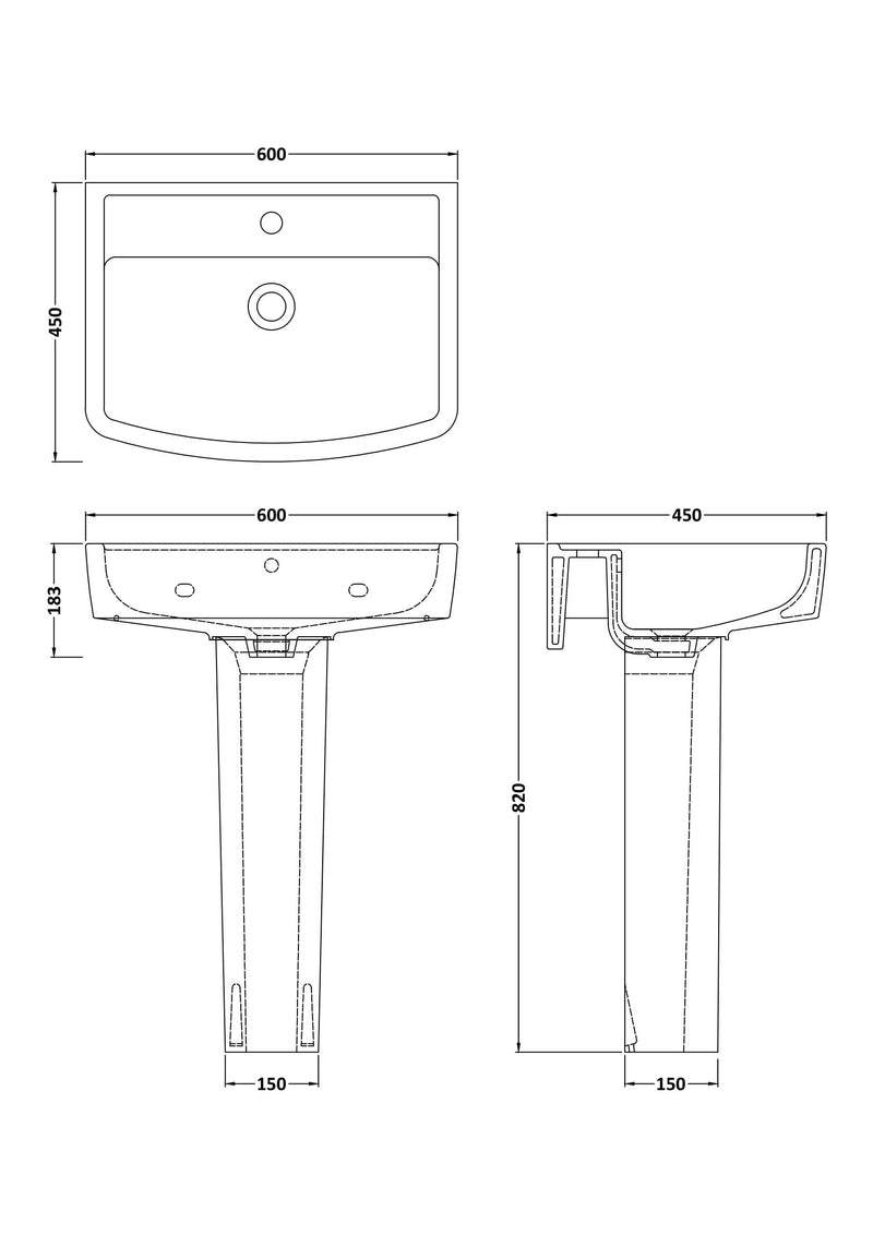 Nuie Bliss 600mm basin and pedestal line drawing with dimensions
