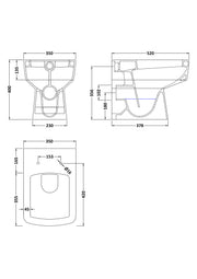 Nuie Bliss square back to wall toilet pan line drawing with dimensions