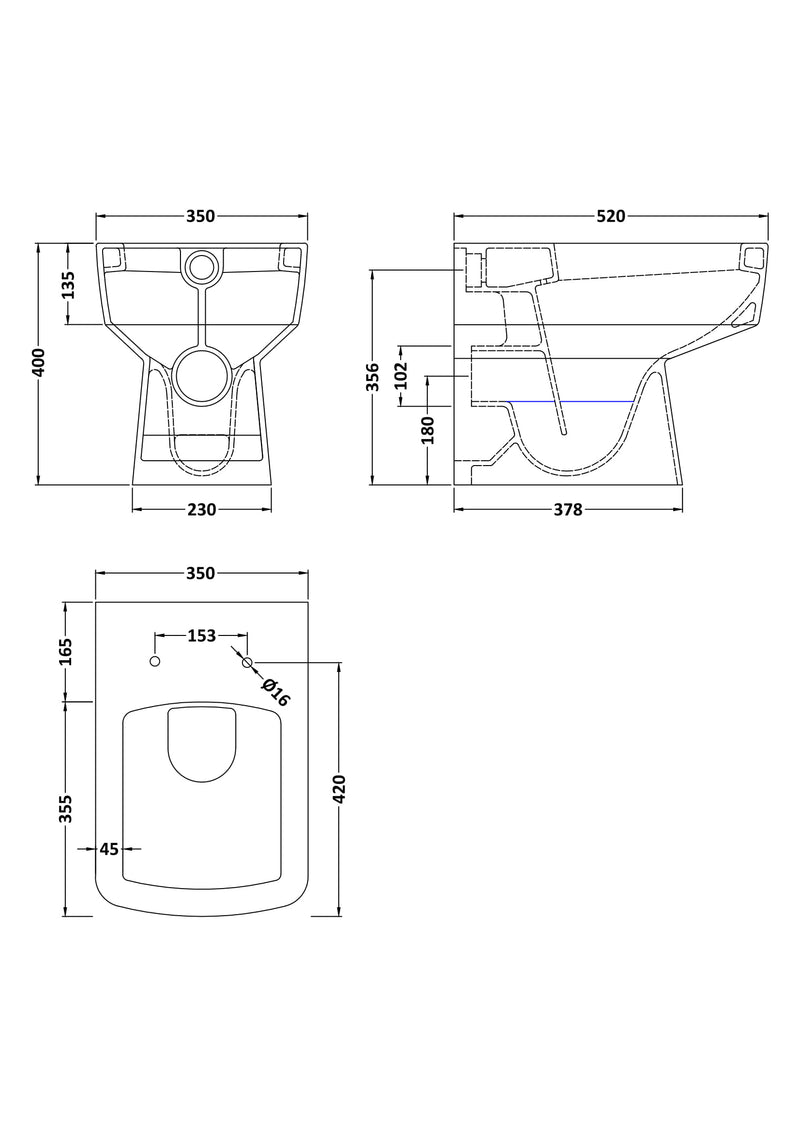 Nuie Bliss square back to wall toilet pan line drawing with dimensions