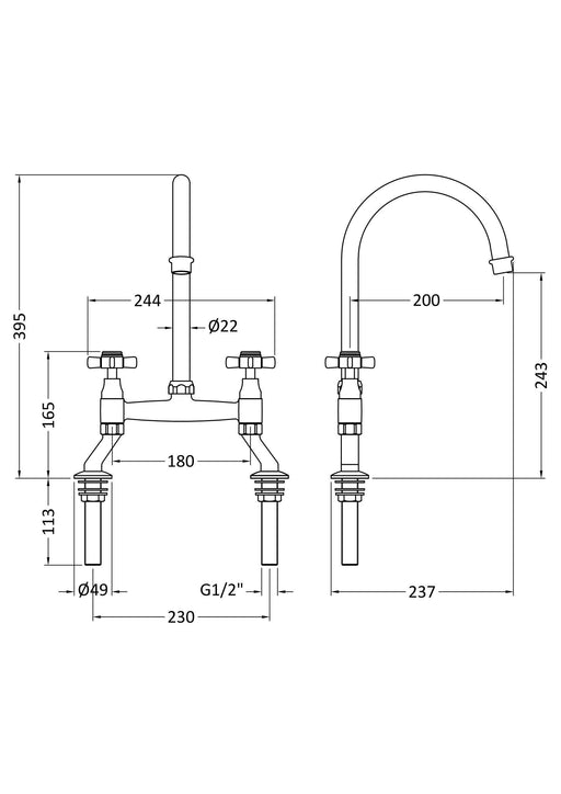 Nuie Bridge Kitchen Mixer Tap with Crosshead Handles Chrome (KB306) line drawing