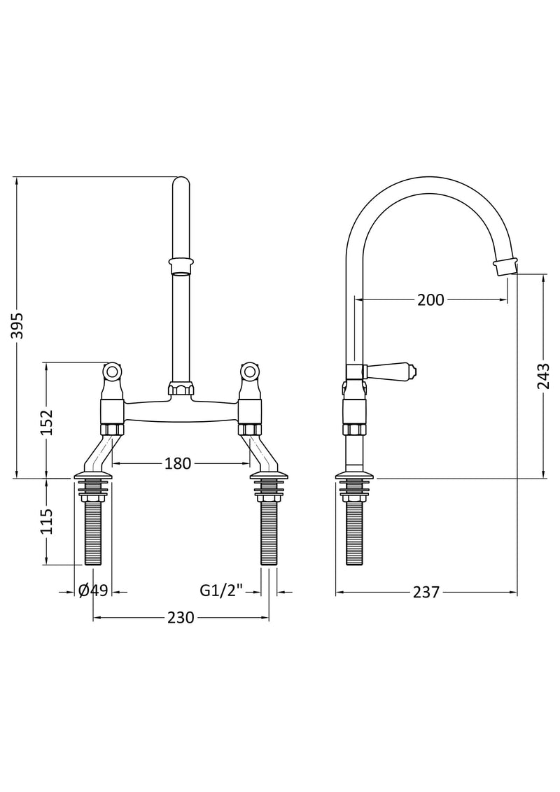 Nuie Bridge Kitchen Mixer Tap with Lever Handles Chrome (KB317) line drawing