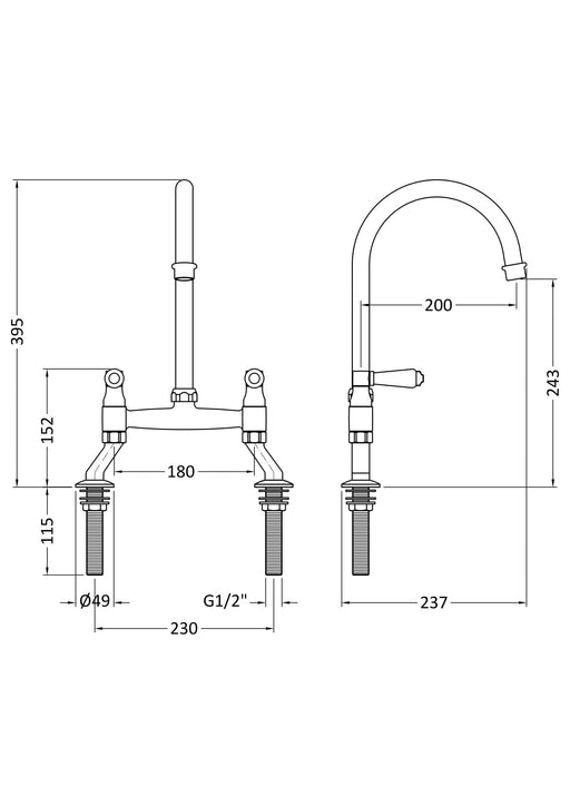 Nuie Bridge Kitchen Mixer Tap with Lever Handles Chrome (KB317) line drawing