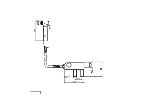 Nuie Chrome Thermostatic Bar Shower Valve and Douche Spray Kit dimensions line drawing