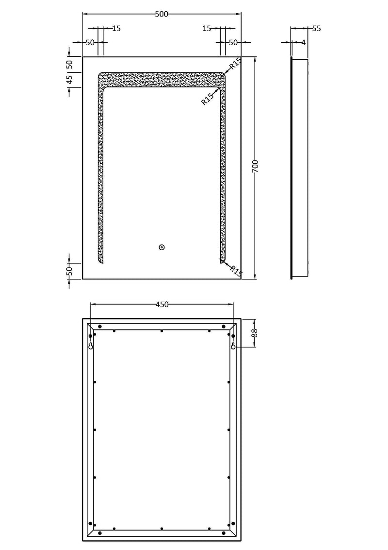 Nuie Carina 500x700mm LED touch sensor mirror dimensions diagram