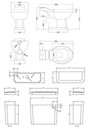Nuie Carlton traditional close coupled toilet line drawing with dimensions