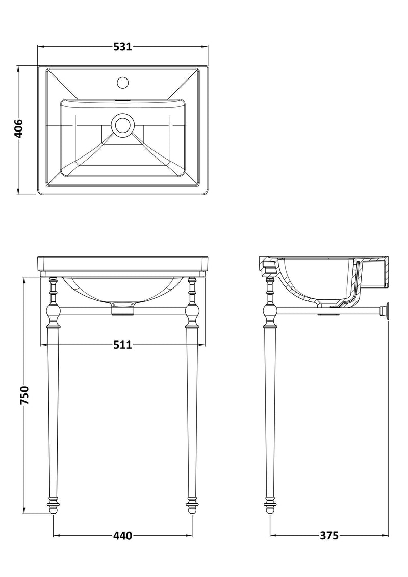 Nuie Carlton 530mm 1 tap hole basin and washstand line drawing with dimensions