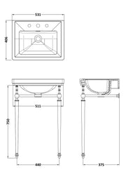 Nuie Carlton 530mm 3 tap hole basin and washstand line drawing with dimensions