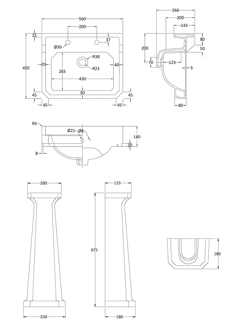Nuie Carlton 560mm 2 tap hole basin and pedestal line drawing with dimensions