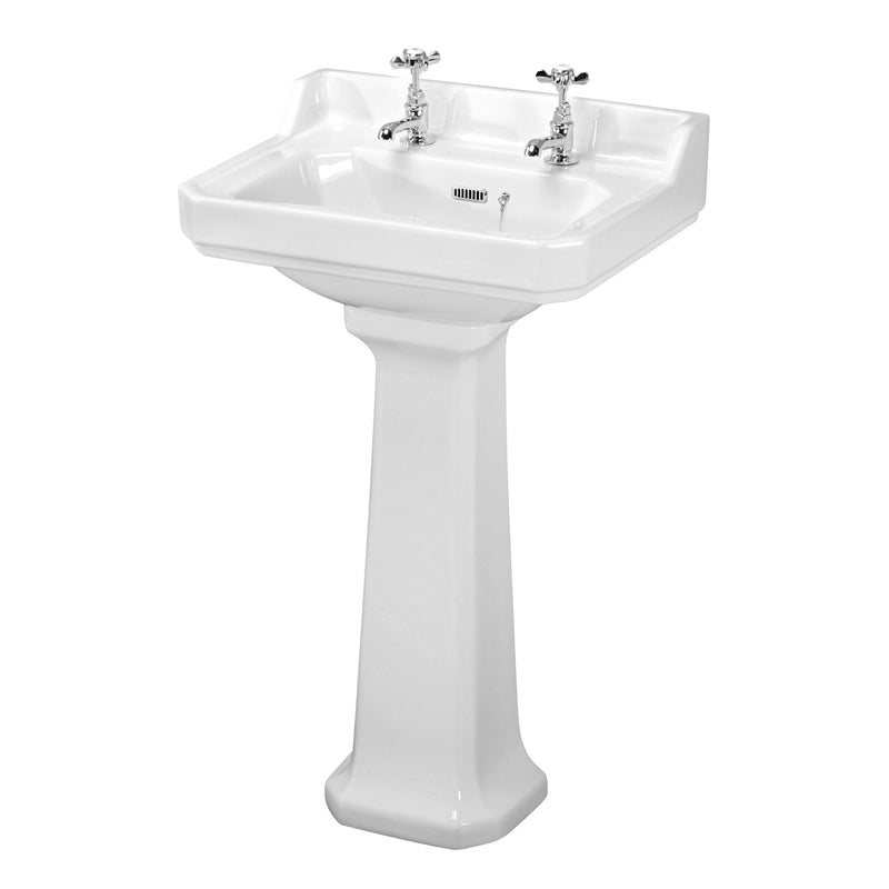 Nuie Carlton 560mm 2 tap hole ceramic basin and full pedestal in white