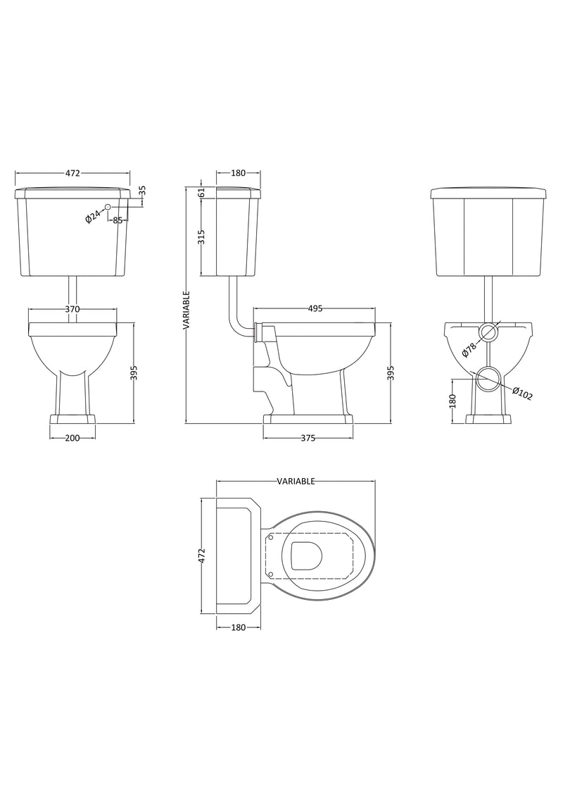 Nuie Carlton traditional low level toilet line drawing with dimensions