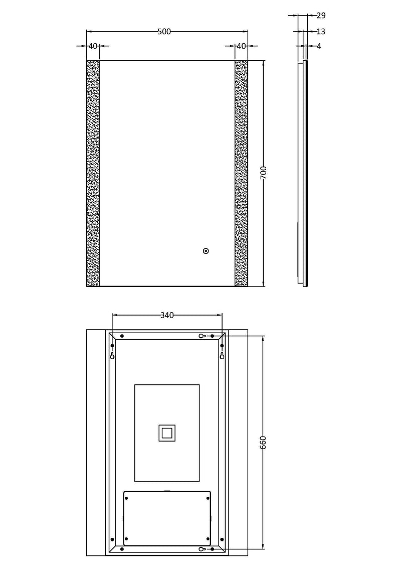 Nuie Castor 500x700mm LED touch sensor mirror dimensions diagram