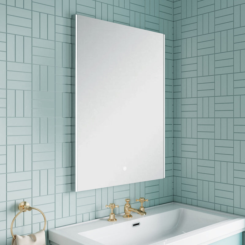 Nuie Cepheus 600x800mm ambient LED touch sensor mirror in a contemporary bathroom