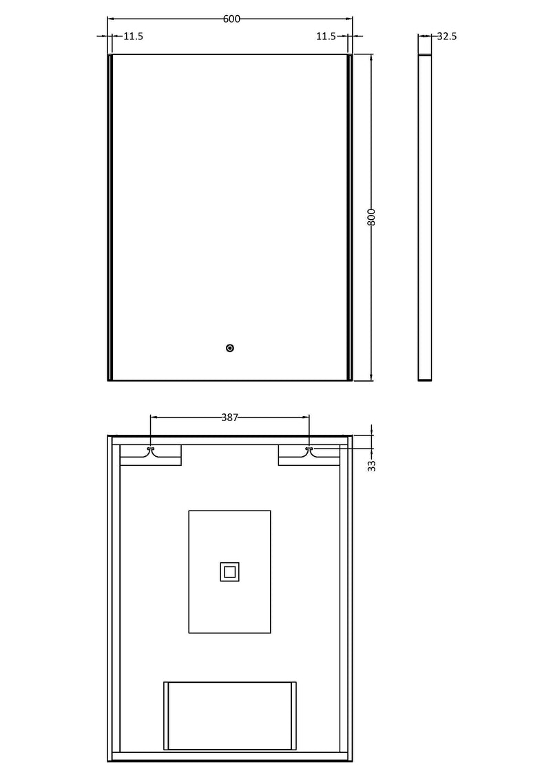 Nuie Cepheus 600x800mm LED touch sensor mirror dimensions diagram
