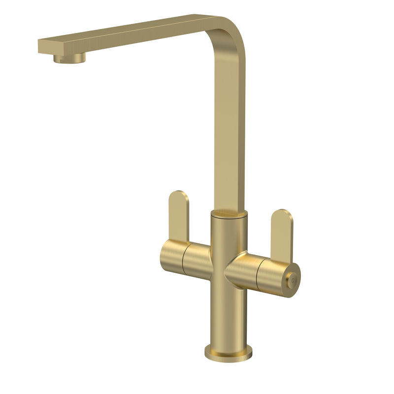 Nuie Churni Square Kitchen Mixer Tap Twin Lever in Brushed Brass (KCH805DL)
