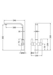 Nuie Churni Square Kitchen Mixer Tap Twin Lever line drawing