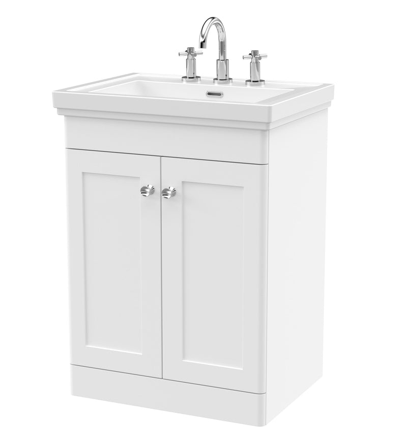 Nuie Classique Floor Standing Vanity Unit with 3 Tap Hole Fireclay Basin in White