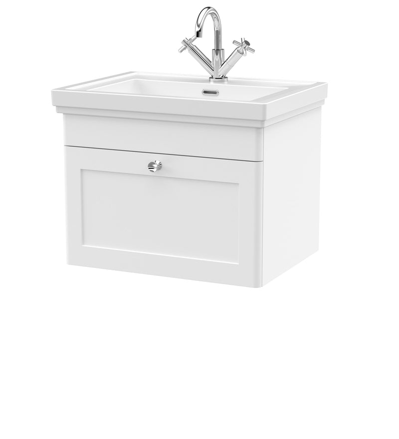 Nuie Classique Wall Hung Vanity Unit with 1 Tap Hole Fireclay Basin in White