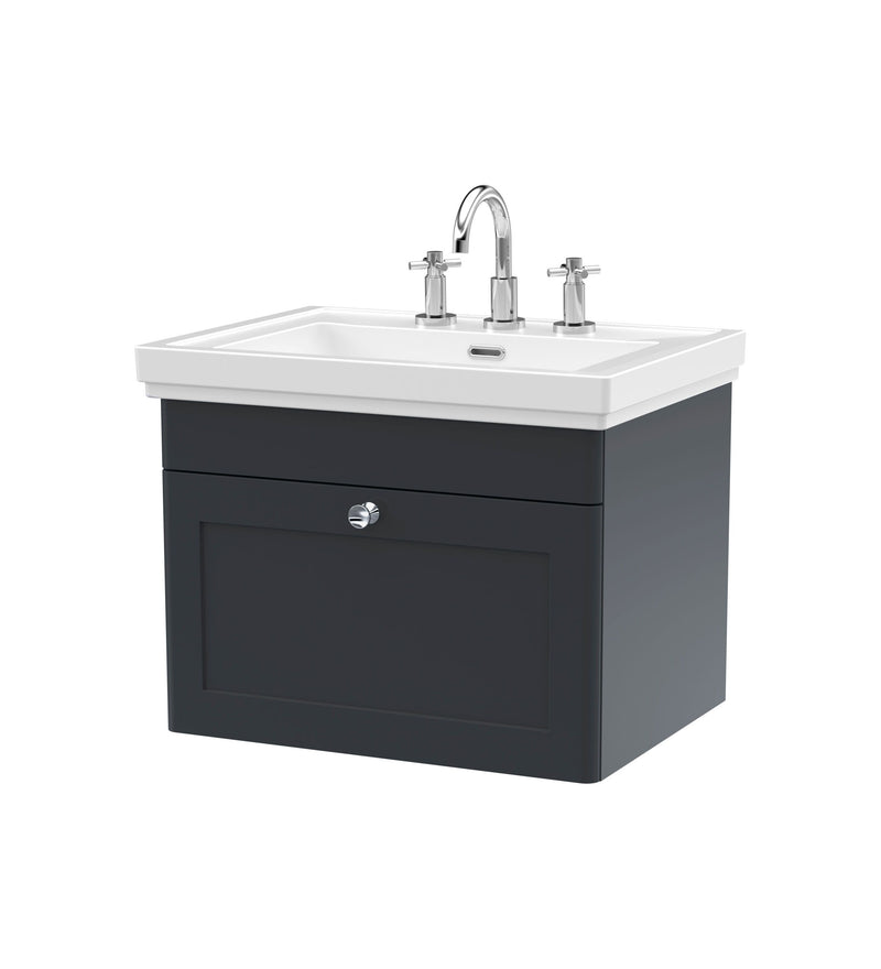 Nuie Classique Wall Hung Vanity Unit with 3 Tap Hole Fireclay Basin in Soft Black