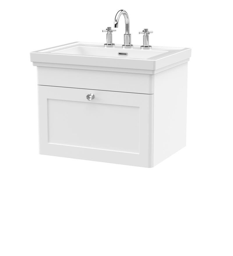 Nuie Classique Wall Hung Vanity Unit with 3 Tap Hole Fireclay Basin in White