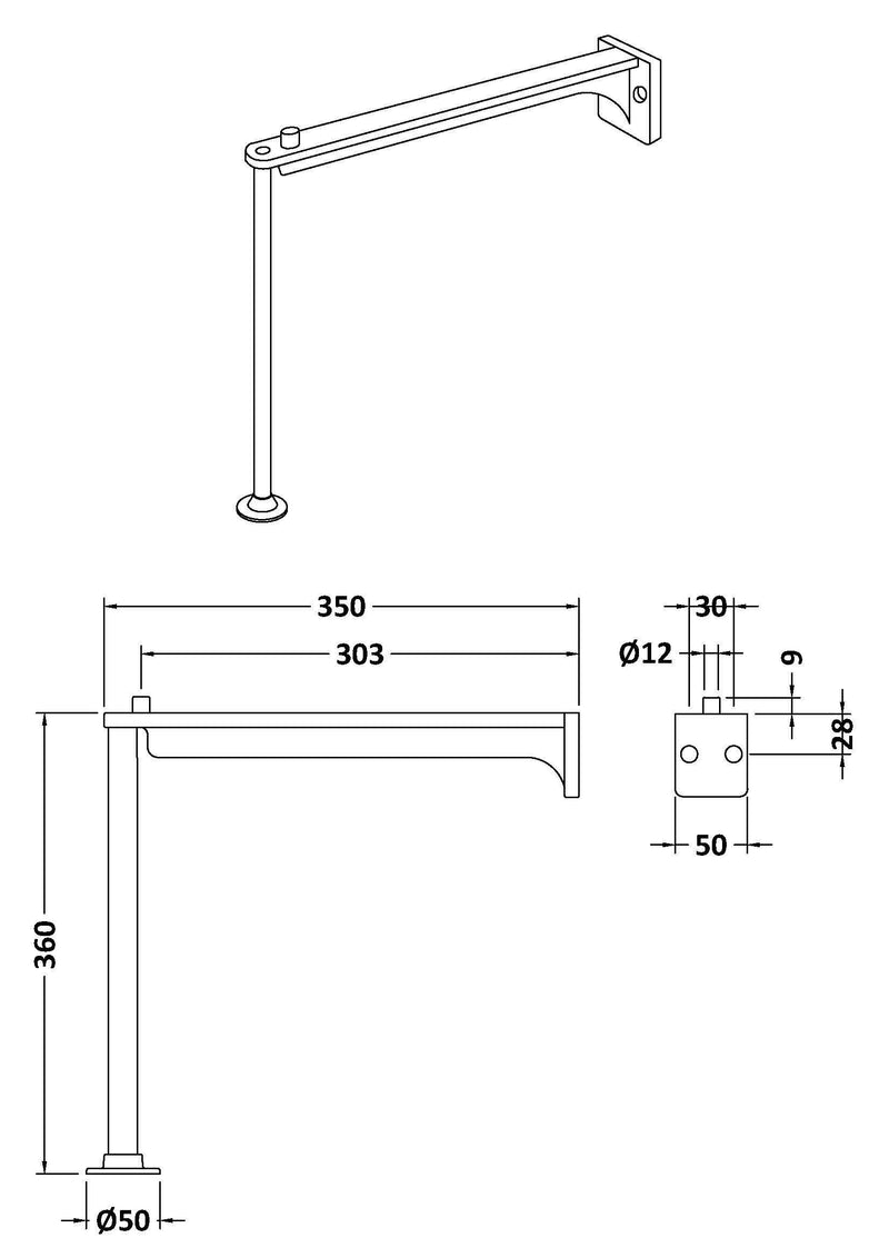 Nuie Cleaner Sink Leg Set and Wall Bracket Brushed Steel (CSL301) line drawing