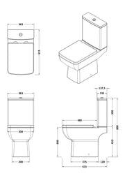 Nuie Cleo compact rimless toilet line drawing with dimensions