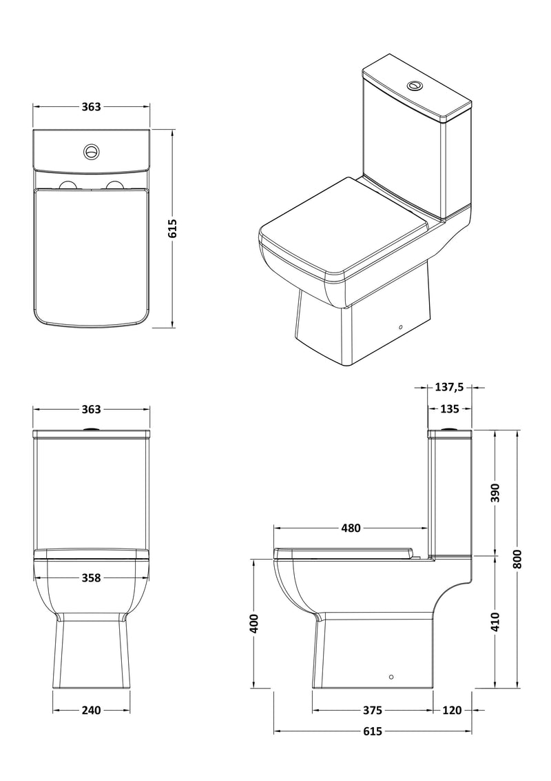 Nuie Cleo compact rimless toilet line drawing with dimensions