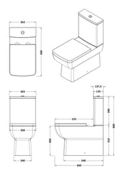 Nuie Cleo flush to wall rimless toilet line drawing with dimensions