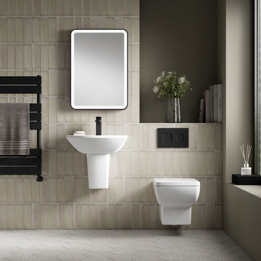 Nuie Cleo rimless wall hung toilet pan in a contemporary bathroom