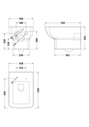 Nuie Cleo rimless wall hung toilet pan line drawing with dimensions