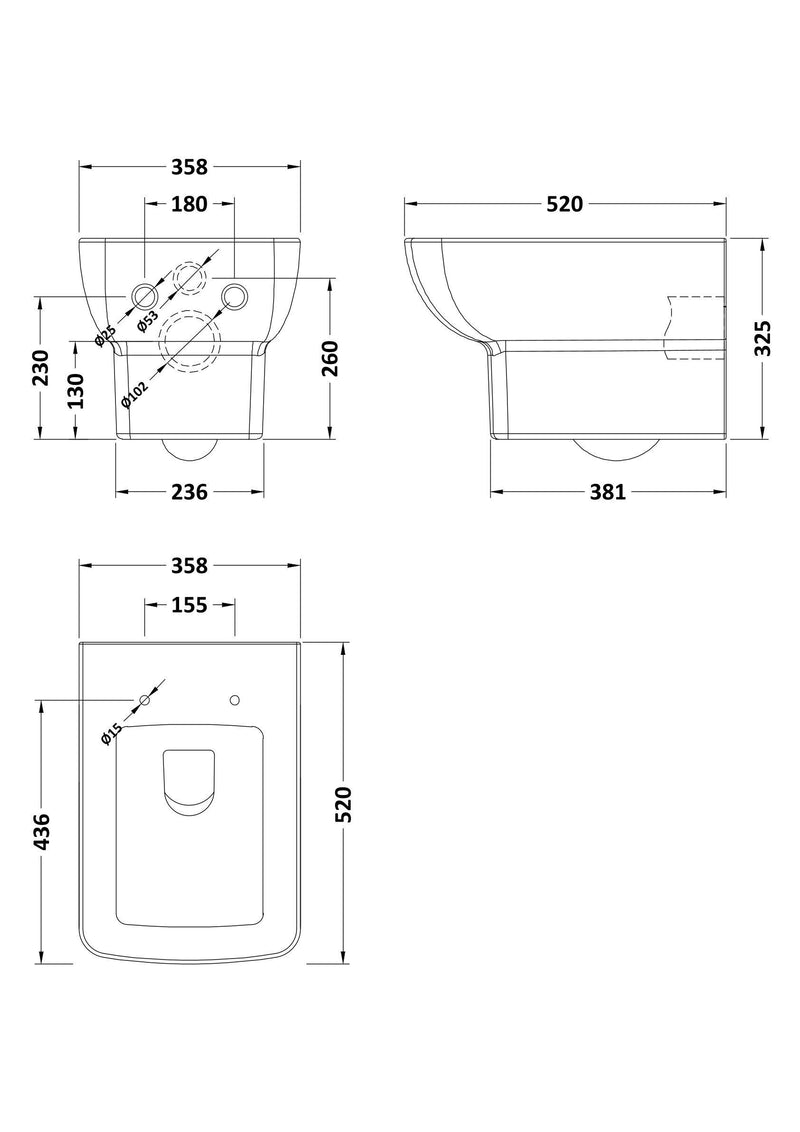 Nuie Cleo rimless wall hung toilet pan line drawing with dimensions