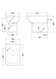 Nuie Cleo square rimless back to wall toilet pan line drawing with dimensions