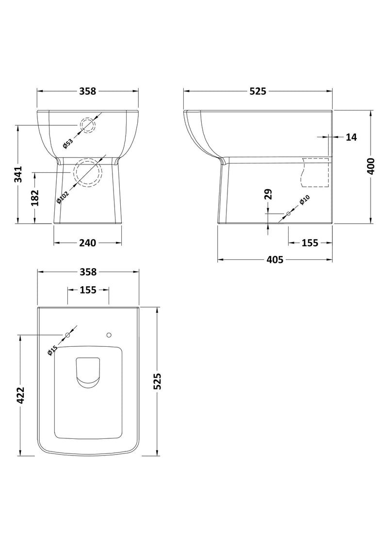 Nuie Cleo square rimless back to wall toilet pan line drawing with dimensions