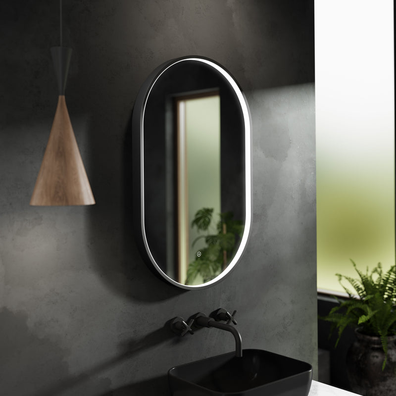 Nuie Columba Black LED touch sensor mirror in a modern bathroom