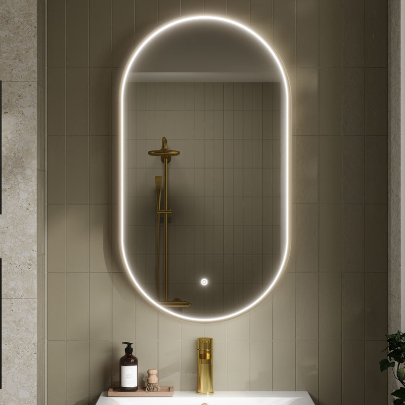 Nuie Columba Brushed Brass LED touch sensor mirror in a modern bathroom