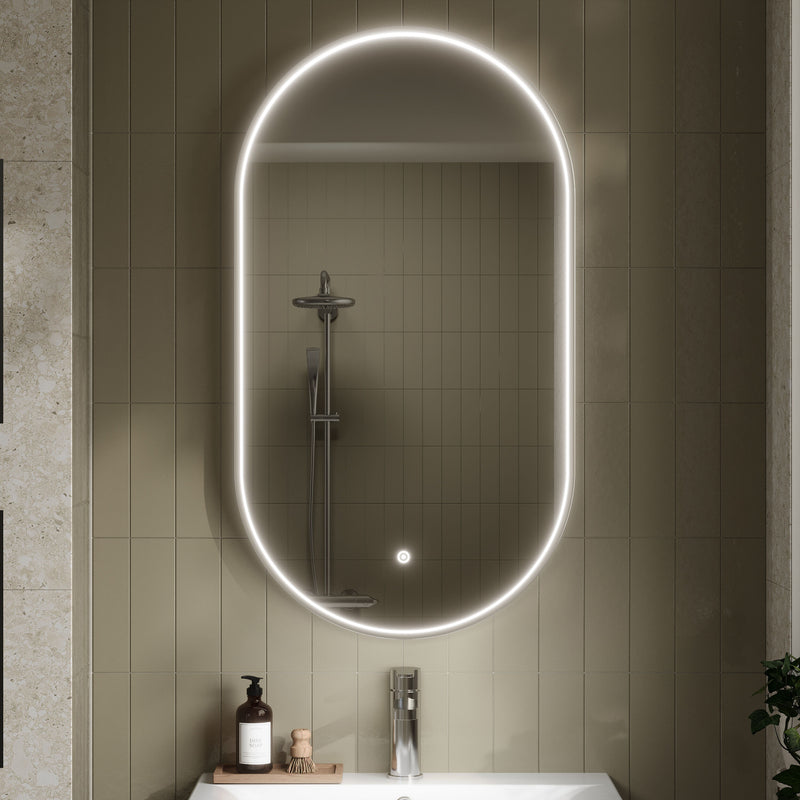 Nuie Columba Chrome LED touch sensor mirror in a modern bathroom
