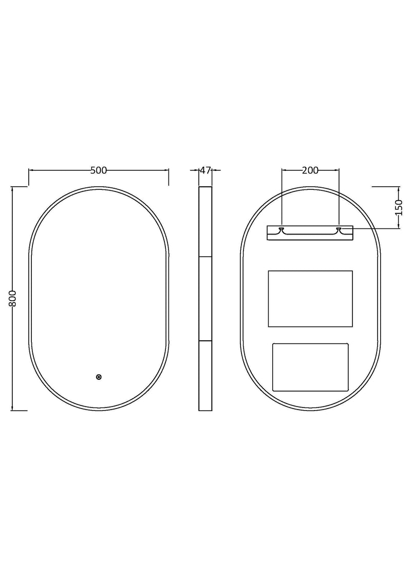 Nuie Columba LED touch sensor mirror dimensions diagram 800 x 500mm