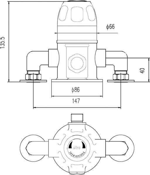 Nuie Commercial Exposed Shower Valve Chrome (VSQ1) line drawing
