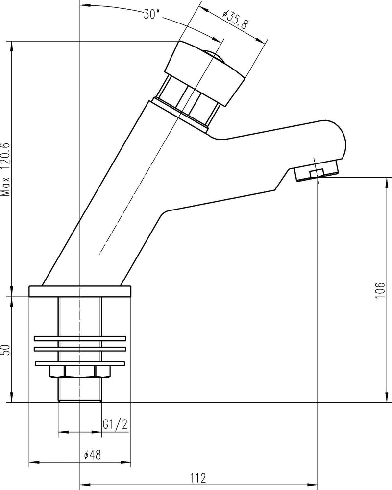 Nuie Commercial Non-Concussive Basin Tap Chrome (TWS007) line drawing