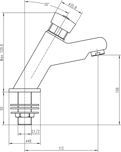 Nuie Commercial Non-Concussive Basin Tap Chrome (TWS007) line drawing