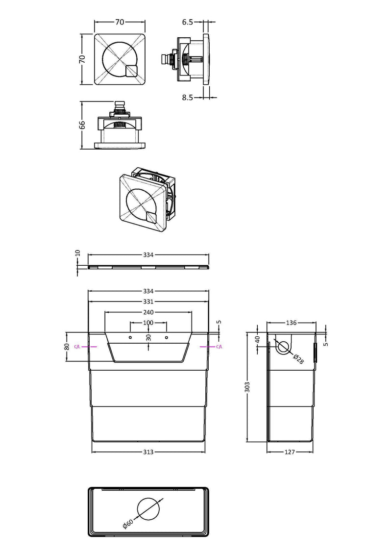 Nuie Concealed Cistern with Brushed Brass Dual Flush Plate dimensioned line drawing