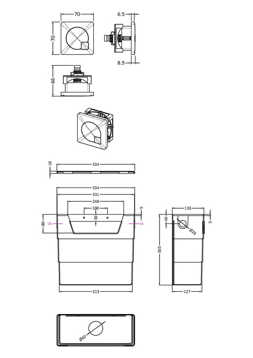 Nuie Concealed Cistern with Matt Black Dual Flush Plate dimensioned line drawing