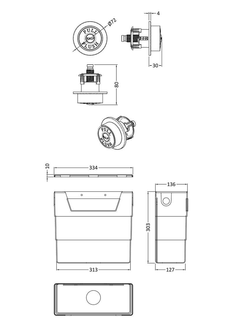 Nuie Concealed Cistern with Matt Black Traditional Dual Flush Plate dimensioned line drawing