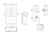 Nuie Concealed Cistern with Square Brushed Pewter Dual Flush Plate Side Inlet dimensioned line drawing