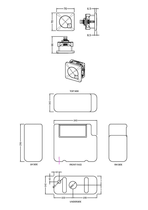 Nuie Concealed Cistern with Square Chrome Dual Flush Plate Bottom Inlet dimensioned line drawing