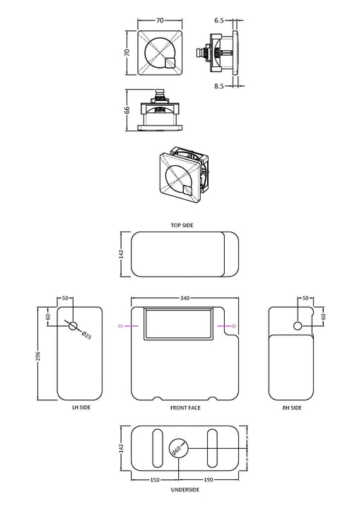 Nuie Concealed Cistern with Square Chrome Dual Flush Plate Side Inlet dimensioned line drawing