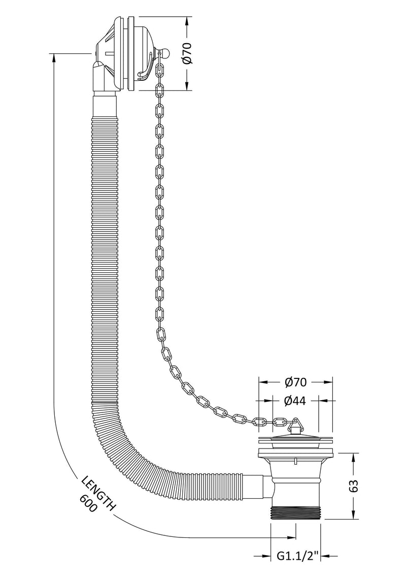 Nuie Concealed Plug & Chain Bath Waste Chrome (EA384) line drawing