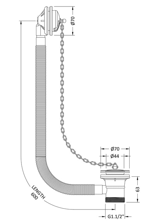 Nuie Concealed Plug & Chain Bath Waste Chrome (EA384) line drawing