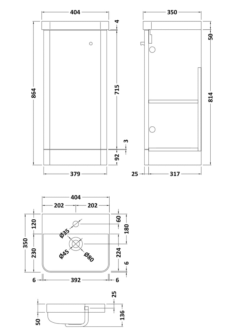 Nuie Core 400mm floor standing vanity unit in Gloss White - dimensioned line drawing