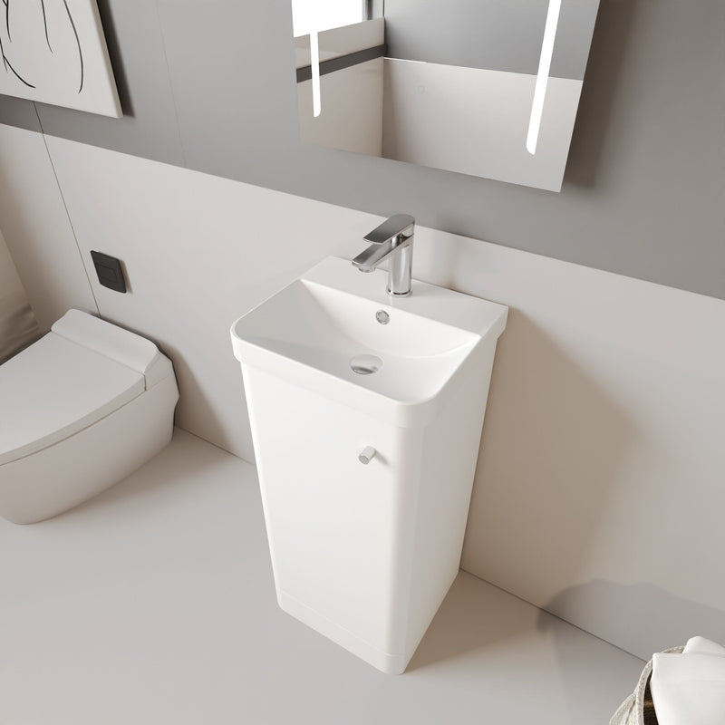 Nuie Core 400mm floor standing vanity unit in Gloss White - bathroom lifestyle setting